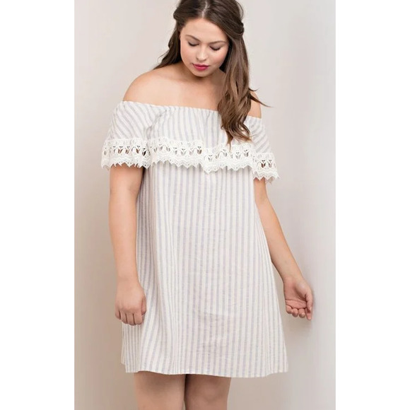 KORI America Tan Striped Crochet Off the Shoulder Mini Dress Womans Size Medium - Picture 1 of 6